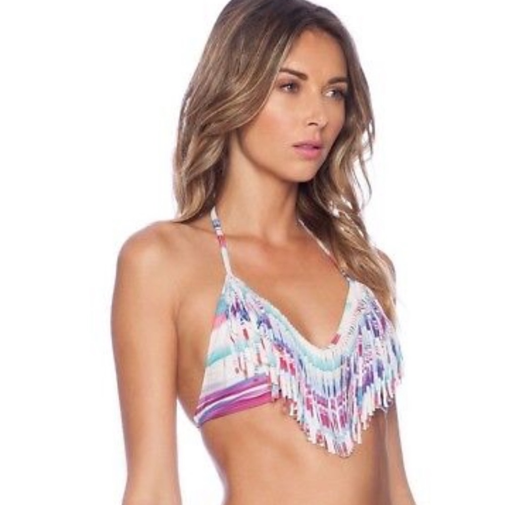 *EUC* L*Space Rainbow Stripe Fringe Bikini Swim Halter Top Festival Beach XS
